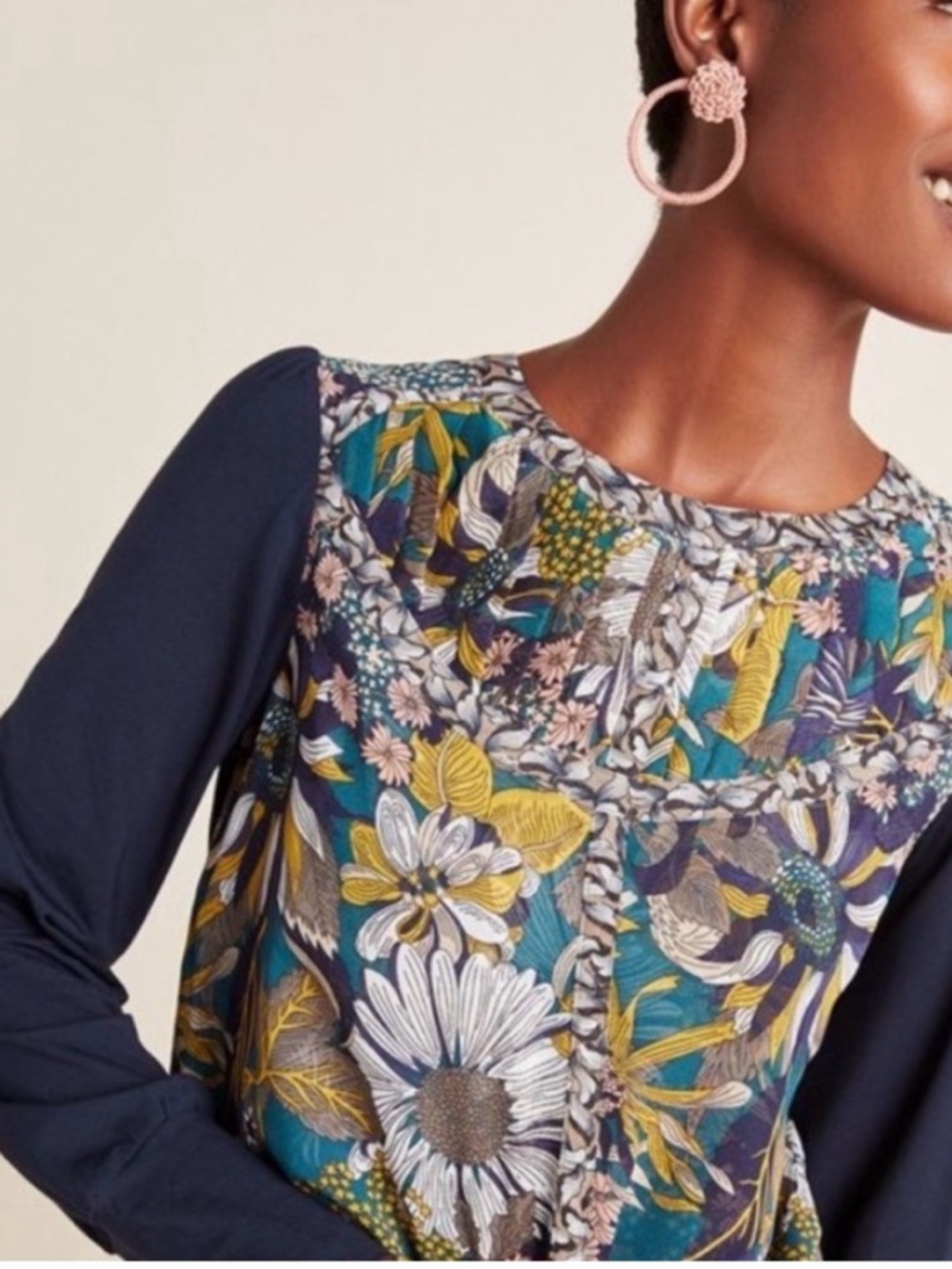 Anthropologie Tiny Wesley Floral Mixed Media Blouse Navy Boho L